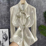 Kylethomasw High Quality Japanese Custom Brilliant Gilded Silk Bow Ribbon Shirt with Mulberry Silk Top Women Blusas Shirts Luxury Elegantes