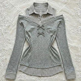 KYLETHOMASW  -  Patchwork Stripe Turn-down Collar Long Sleeve T-shirt Minority Slim Punk Style Crop Top Korea Chic Off Shoulder New Shirt