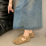KYLETHOMASW  -  ONG Genuine Leather Hollow out Flat Roman Sandals Versatile Casual Cage oes mid Heel round Toe Summer Faion Women's oes
