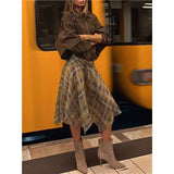 KYLETHOMASW  -  Women Flowy Plaid Skirts Elegant Asymmetrical Hem Midi Skirt