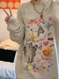 Kylethomasw Kawaii Cat Print Hoodie Women Cutecore Long Sleeve Sweatshirt American Retro E-girl Kitten Angel Graphic Alt Clothes Y2k