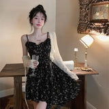 KYLETHOMASW  -  Hebe Style Floral Print Two-Piece Set Women's Elegant Black Off-Shoulder Asymmetrical Dress Sunscreen Cardigan Slimming Effect