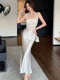 KYLETHOMASW  -  New Solid Satin Patchwork Mesh Pleated Dress Summer Elegant Luxury Neck-mounted Sexy Dress Women Korean Bodycon Party Dress