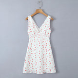 KYLETHOMASW  -  Sexy White With Red Cherry Print V neck Mini Tank Dress Women Slim Waist A-Lined Sleeveless Short Robe Holiday