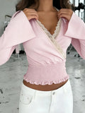 KYLETHOMASW  -  Y2k Summer V Neck Long Sleeve Solid Lace Patchwork Streetwear Slight Strech Women Clothing