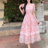 KYLETHOMASW  -  French tulip flower sweet temperament floral square neck long dress summer large size high waist thin gentle style dress