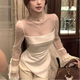 KYLETHOMASW  -  Autumn Japan Fashion New Irregularly Design Women's Tops Mesh Splicing Lace Long-sleeved T-shirt Chic Slimming Elegant Outfits