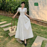 KYLETHOMASW  -  Summer French Style Dress for Women V Neck Short Sleeve Lace Trim Slim Fit Waist A Line Long Dress Elegant Flattering Design
