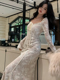 KYLETHOMASW  -  Sexy Lace Kintted Dresses for Women Flare Sleeves Square Collar Bodycon Mermaid Elegant Slim Autumn Fashion Vestidos Mujer New