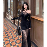 KYLETHOMASW  -  Black Patchwork Lace Sheer Sexy Ruffled Long Dress Women Elegant Chic Neck-mounted Dress Autumn Korean Bodycon Party Dress