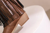 KYLETHOMASW  -  Women Fringe Western Boots Pink Sweet Embroidered Boots Brown Tassels Block Medium Heels Shoes Plus Size 48 Lady Winter