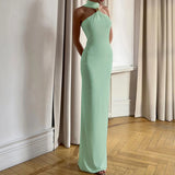 KYLETHOMASW  -  Sexy Off Shoulder Solid Color Temperament Evening Dress High-end Sleeveless Dress Hot Women Fashion Sleeveless Halter Long Dress