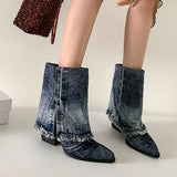 KYLETHOMASW  -  Designer Lapel Denim Women Ankle Boots Autumn and Winter Pointed Toe Korean Version Cowboy Boots Sexy Hottie Short Single Botas