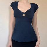 KYLETHOMASW  -  Chest Hollow Out Top Elegant Slim-fitting Short Sleeve T-shirt Summer Chic Basic Square Collar Tops Retro Streetwear