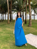 KYLETHOMASW  - Summer Blue Round Neck Loose Pleated Bandage Long Dress Women Fashion New Sexy Club Sleeveless Vacation Casual Dress Simplicity