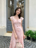 KYLETHOMASW  -  French Holiday Style Sweet Summer Dresses Women New Fashion Floral Pink Chic Long Dress Female Elegant Korean Popular Clothes
