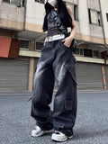 Kylethomasw Black Ripped Cargo Jeans Women Hip Hop Harajuku Causal Loose Do Old Straight Wide Leg Denim Pants Y2k Chic Mujer Trouser