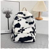 KYLETHOMASW  -  Cow Print Plush Backpack Women Fluffy Furry School Bag Milk Cow Pattern Large Capacity Casual Travel Student Rucksack Daypack
