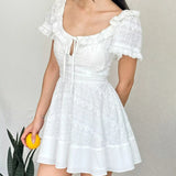KYLETHOMASW  -  Pretty Girl Holiday Summer Dresses Women O Neck Short Sleeve A-line Mini Hollow Out Embroidery White  Dress Backless Robe