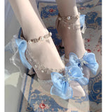 KYLETHOMASW  -  Red Bow-Knot Chain Pearl Ankle Strap Stiletto Lolita Wedding Shoes Woman Summer Pointed Toe High Heels Sandals Party Shoes