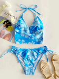 KYLETHOMASW  -  Women Printed High Waist Bikini Set Sexy Vest Crop Tops Halter Blue Panties Suit Summer Two Piece Swimsuit Beach Party Suit