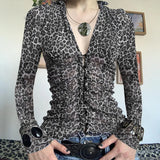 KYLETHOMASW  -  Printed irregular low cut scarf tie T-shirt pure desire style thin mesh top with breasted mesh