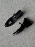 KYLETHOMASW  -  Women Shallow Mouthed Mary Jane Shoes Thick Heel with A Single Button Women Leather Shoes Metal Decorative Leisure Flat Shoes