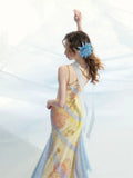 KYLETHOMASW  -  Irregular Lace Patchwork Design Stunning Printed Camisole Dress Summer French Style Sweet Slimmin Long Dress for Women