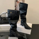 KYLETHOMASW  -  Black Boot Knee High Long Shoes Woman Pointed Toe Chunky Heels White Winter Boots Fashion Belt Buckle Rivet Wide-Leg Ladies Shoe