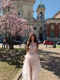 KYLETHOMASW  -  Chic Elegant Coquette Princess Pink Sakura Strapless Lace Tulle Sheer Mesh Formal Dress Women Girls Summer Evening Party Wear