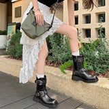 KYLETHOMASW  -  Autumn Winter Metal Belt Buckle Women Motorcycle Boots Fashion Rivet Patent Leather Platform Wedge High heels Chunky Boots Shoes