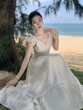 KIylethomasw Women V Neck Backless Evening Party Dress Summer Beige Sweet Temper French Fairy Sundresss Fashion Clothing Vestido