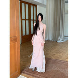 KYLETHOMASW  -  New Chinese Style Stand Collar Cheongsam Lace Pink Dress Slim Waist Long Skirt