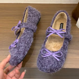 KYLETHOMASW  -  Elegant Purple Fluffy Warm Ballet Flats Women Fall Winter Bow Design Flat Loafers Comfortable Soft Sole Mary Jane Shoes
