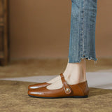 KYLETHOMASW  -  Square Toe Brown leather mary janes shoes woman retro ankle strap flats shallow mouth moccasins comfy ballerina shoes for woman