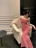 KYLETHOMASW  -  Rose Red Hollow Lace Suspender Dress for Women in Summer Sexy Waist-hugging Skirt