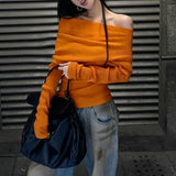 Kylethomasw Vintage Backless Pleated Orange Casual Long Sleeve Women Autumn New Streetwear Sexy Slim All Match Knitted Tops