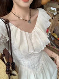 Kylethomasw Elegant Off Shoulder Midi Dress Women Lace Patchwork New Summer Ruffles A-line French Vintage Prom Robe Casual Vestidos 2024