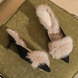 KYLETHOMASW  -  New Autumn Winter Fluffy Mules Slippers Women Pointed Toe Pumps Warm High Heels Slides Women Plush Thin Heels Slippers Female