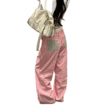 KYLETHOMASW  -  American Retro Plaid Patchwork Pocket Casual Pants Women Summer Loose Versatile Straight Leg Wide Leg Pants Lazy Style Long Pant