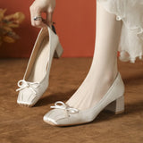 KYLETHOMASW  -  Pumps Women's Butterfly Satin Ballet Shoes Square Head Shallow Mouth Pumps Women's New High Heels Thick Heel Not Tired Feet