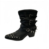 KYLETHOMASW  -  Black Gothic Shoes Platform Rivet Belt Buckle Chunky Heels Ankle Boots Punk Woman Cowboy Western Boots 2025 New Arrival