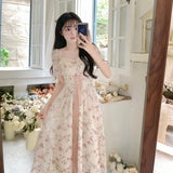 KIylethomasw Korean Fashion Summer Chiffon Lace Fairy Dress Retro Square Neck Crushed Flowers Princess Sleeve High Waist Sweet Dress