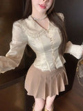 KYLETHOMASW  -  French Apricot Double-layer Lapel Long-sleeved Shirt for Women in Autumn Lace Fitted Waist Shirt