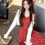 KYLETHOMASW  -  Japanese Fashion 2 Piece Set Woman Casual Long Sleeve Cardigan + Elegnat Irregular Midi Dress Beach Floral Dress Boho New