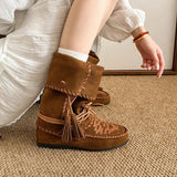 KYLETHOMASW  -  Retro Weaved Tassel Lace-Up Cowboy Boots Woman Turned-Over Edge Suede Leather Mid-Calf Boots Ladies Inner Height Western Boots