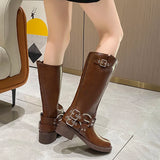 KYLETHOMASW  -  Winter Women Knee High Boots Fashion Belt buckle Long Boots Female Elegant Thick Heel Women's Knight Botties