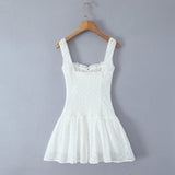 KYLETHOMASW  -  Sexy White Emboridery Flower Bow Ruched Chest Elastic Strap Mini Tank Dress Low Waist Spliced Folded Swing Women Sleeveless Robe