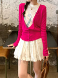 KYLETHOMASW  -  Korean Solid V Neck Long Sleeve Single Breasted Slim Short Knitted All Match Cardigan