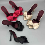 KYLETHOMASW  -  Street Style Satin Butterfly-knot High Heels Women Slippers Elegant Banquet Party Dress Slide Summer Outdoor Vacation Shoes 5214